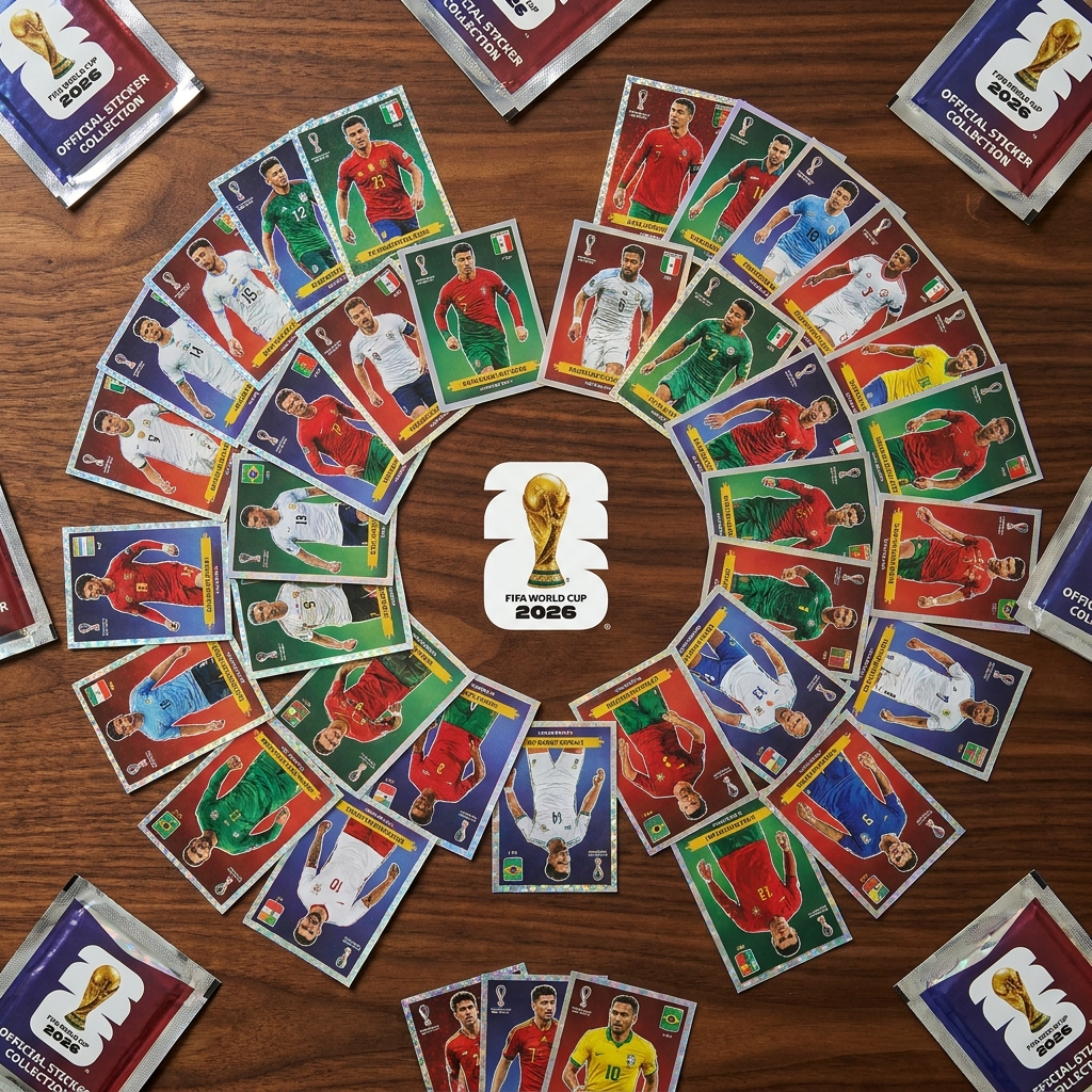 Panini FIFA World Cup 2026 stickers spread on a table