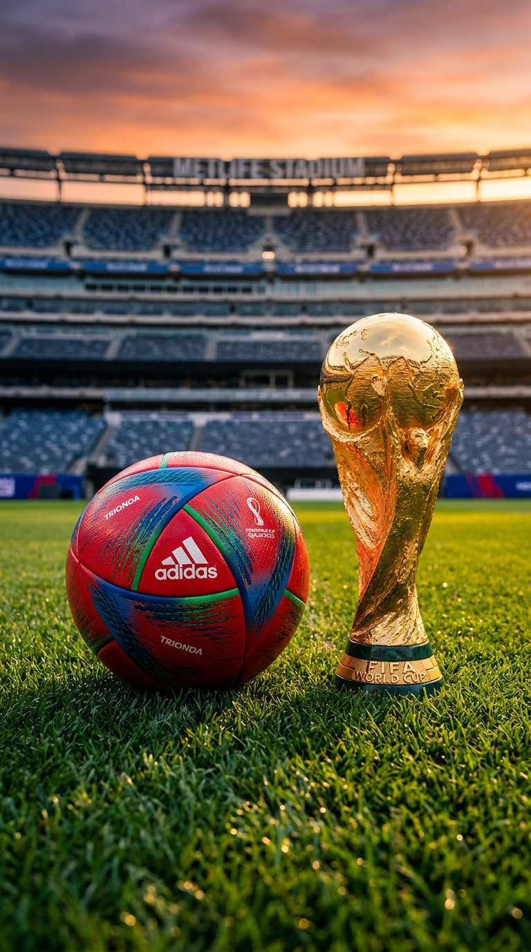 Adidas Trionda ball next to FIFA World Cup gold trophy at the stadium